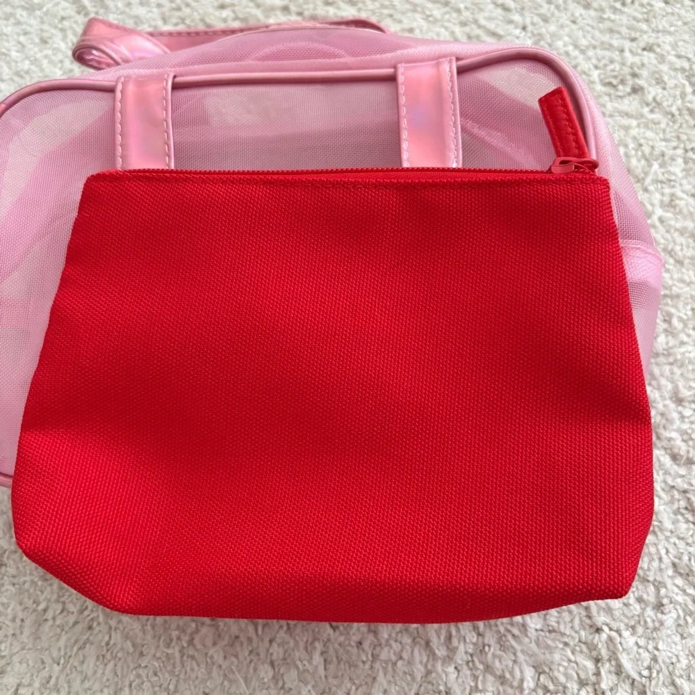 Beauty Cosmetic Travel Bag Set - Pink Transparent & Red
